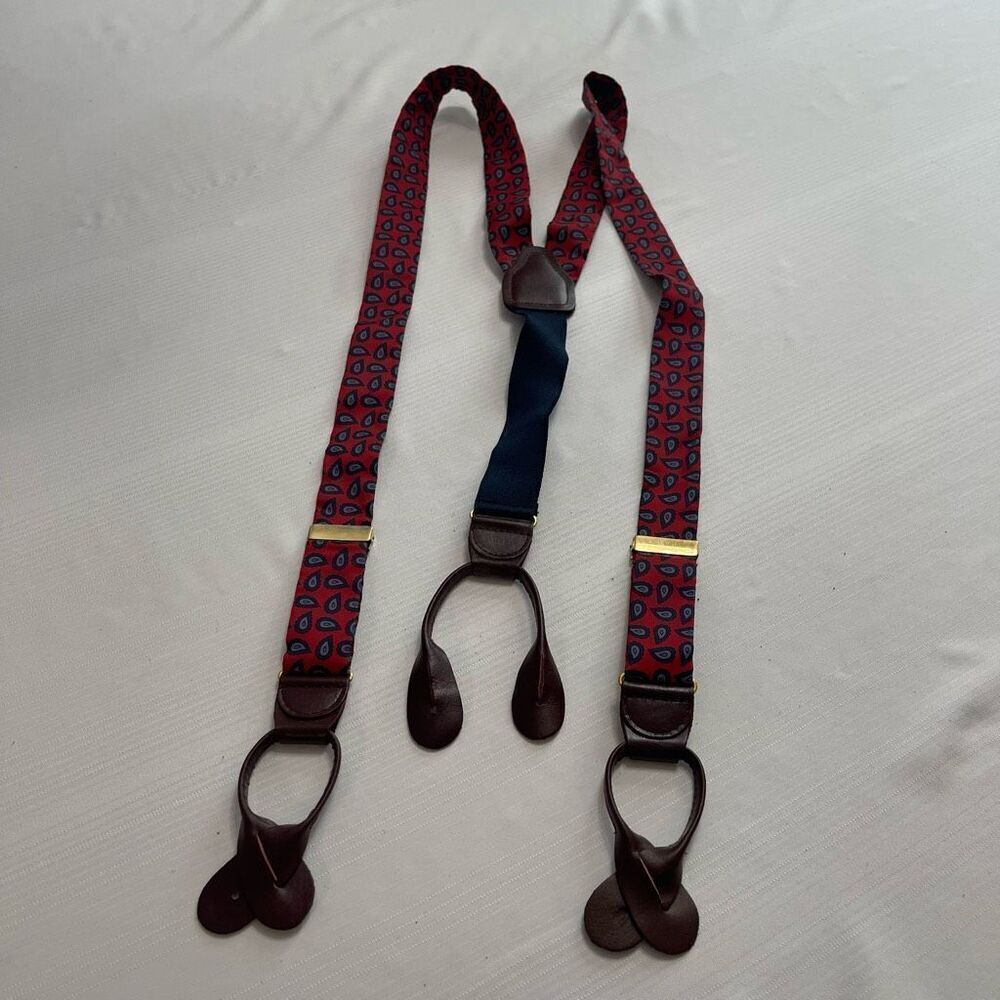 CAS Germany Red Navy Blue Paisley Leather Tabs Suspenders